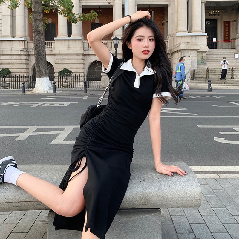 Đầm midi XINLANYASHE dáng chữ A cổ polo xẻ tà thời trang mùa hè 2022 tùy chọn màu sắc váy thiết kế tay bồng