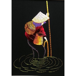 Tranh thêu tay Cô gái đánh dậm (CG001) 25 x30cm