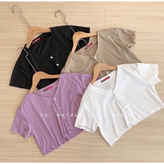 Áo croptop gân tay ngắn cổ tim gài nút cuốn biên🌼
