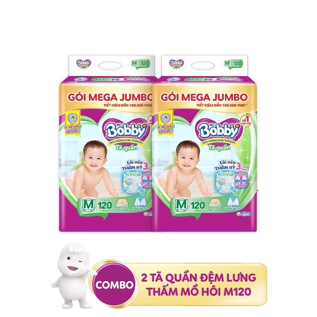 Combo 2 Tã quần Bobby Lõi nén Mega Jumbo M120 (Không tặng miếng)