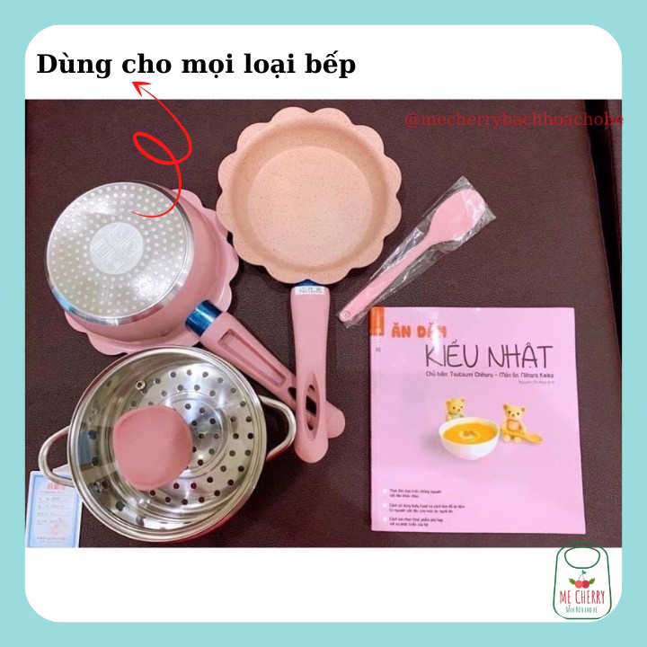 Bộ nồi chảo đá hình hoa dễ thương 16cm cho bé nội địa Trung  giành cho mọi loại bếp