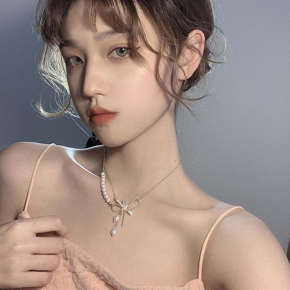 Vòng Cổ Ngọc Trai Đơn Giản Phong Cách Retro|Dây Chuyền Mặt Nơ Kim Loại Đính Đá Nhiều Màu Phong Cách Hàn Quốc Sang Trọng Cho Nữ