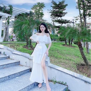 Đầm maxi dập ly đi biển đi tiệc tầng bẹt vai kèm hoa Size S M
