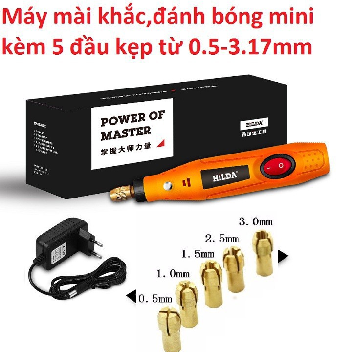 Máy mài,khắc,đánh bóng mini kèm 5 đầu kẹp 0.5 đến 3.17mm