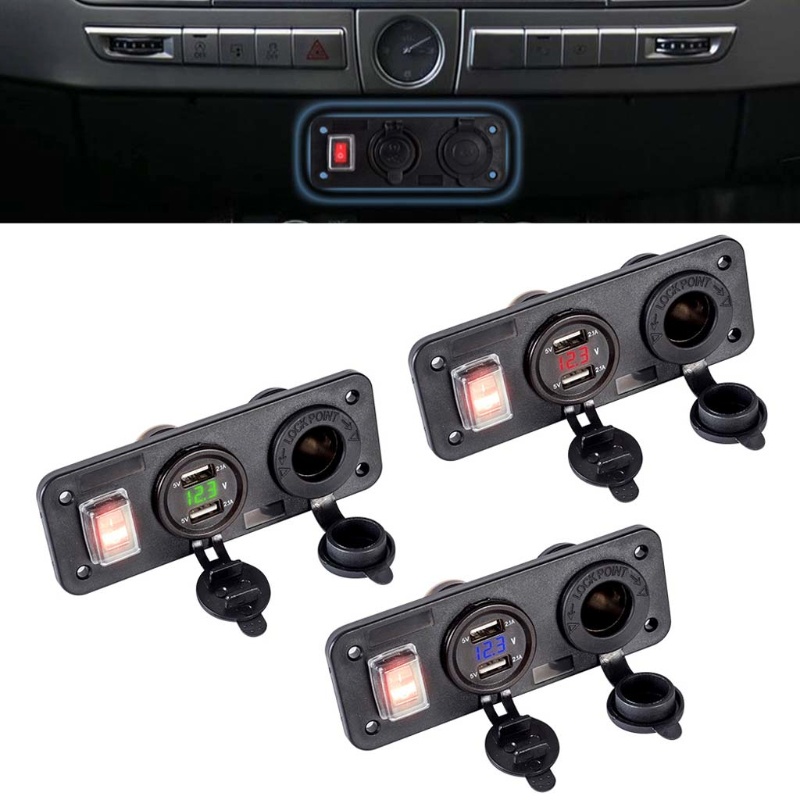 Ổ CắM 2 CổNg USB 12V 24V Vôn Kế + ĐèN LED Xanh Dương Cho Xe Hơi / TàU