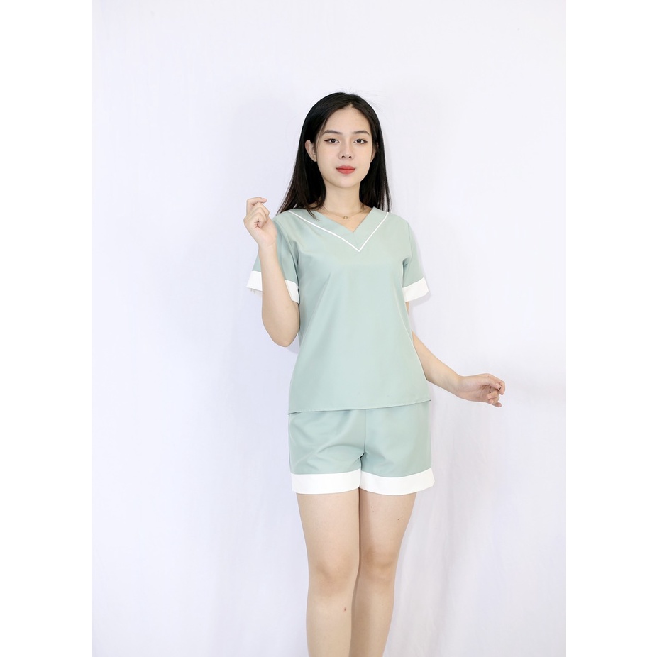 Set đồ bộ pijama nữ D4 XANH ĐẬU cổ tim tay ngắn quần ngắn vải Lụa 106 Thoải Mái Nhẹ Nhàng