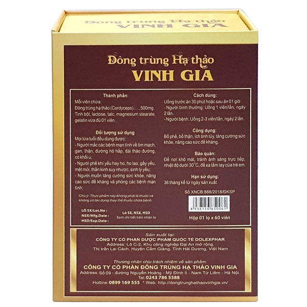 Viên nang Đông trùng hạ thảo Vinh Gia, hỗ trợ bổ phế, nâng cao sức đề kháng