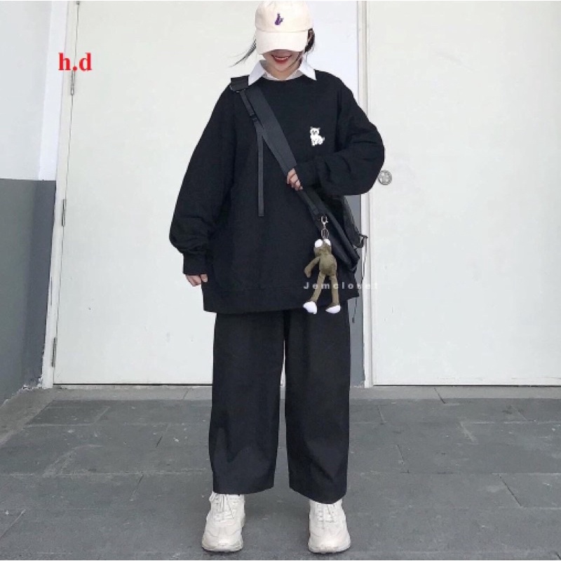 Bộ Set Quần ống rộng vải sạn + Áo Sweater  mèo con Nỉ lót bông chuẩn ảnh - Bộ Nỉ Đôi - Set Nỉ Đẹp HotTrend