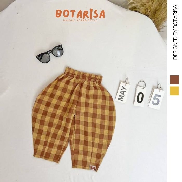 Quần dài họa tiết kẻ caro thời trang hè thoải mái bé trai bé gái Botarisa vải đũi cho trẻ em