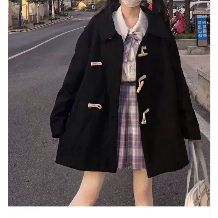 Áo khoác dạ đen cài nút mùa đông oder taobao