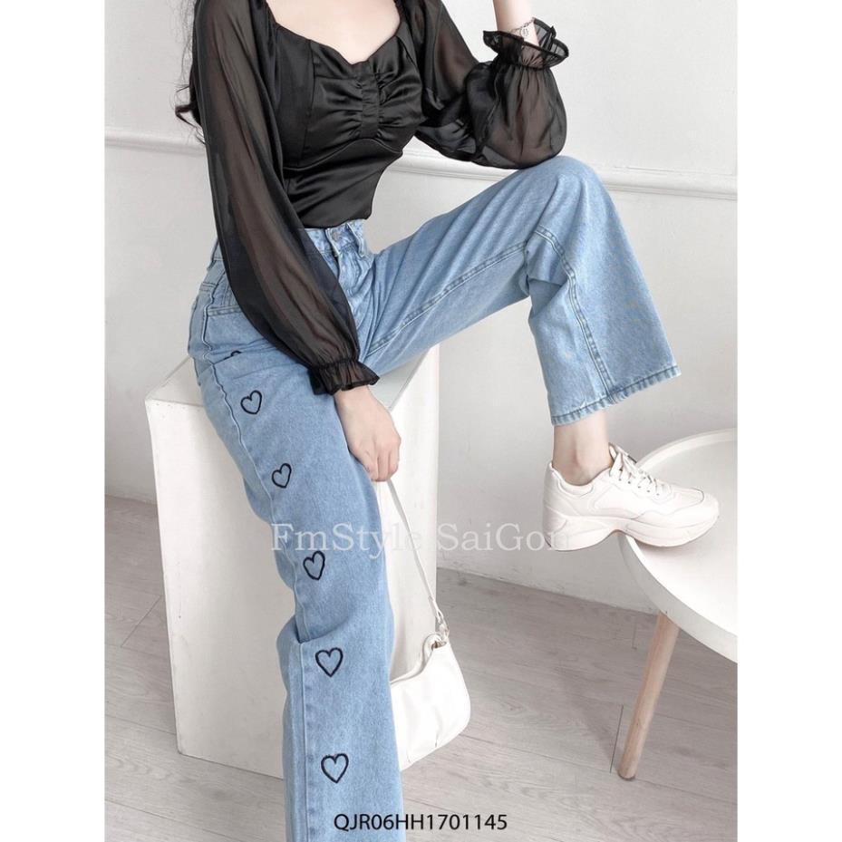 Quần jean nữ FLAKY SHOP cao cấp - Quần jean ống rộng phối hình thêu trái tim bắt mắt hàng chuẩn shop | BigBuy360 - bigbuy360.vn