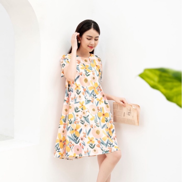 Đầm De Leah dáng suông chữ A cổ tròn tay lơ vê nữ tính thời trang thiết kế