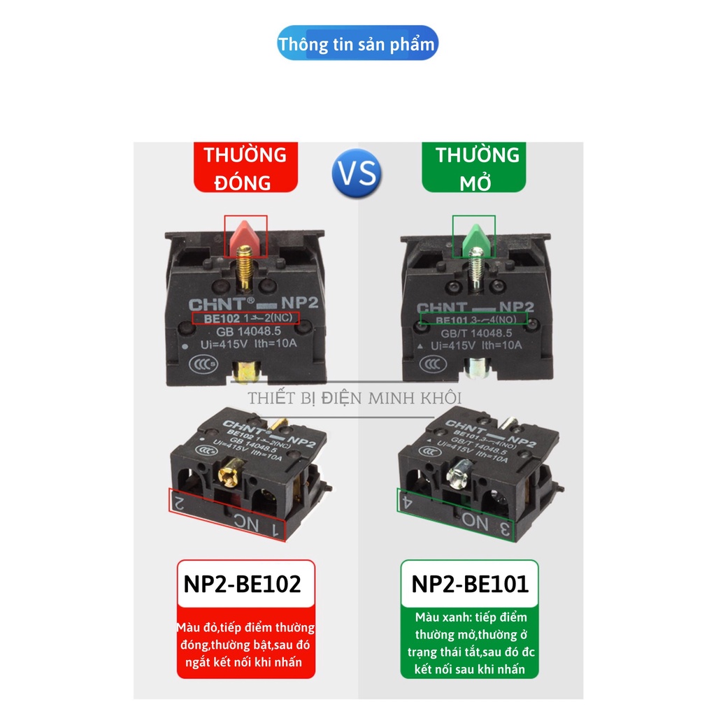 tiếp điểm phụ nút ấn công tắc NP2-BE101, NP2-BE102 Chint, tiếp điểm phụ cho nút nhấn