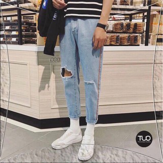[ QUẦN JEAN BAGGY UNISEX QJ05 ] Màu xanh rách gối line đỏ