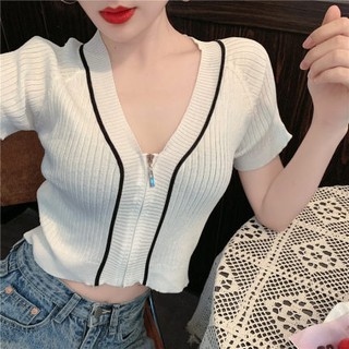 Áo thun nữ Ulzzang chất thun gân tay ngắn phối dây kéo Áo kiểu nữ dự tiệc Áo Croptop gân đũa kẻ sọc cực quyến rũ (TT2211