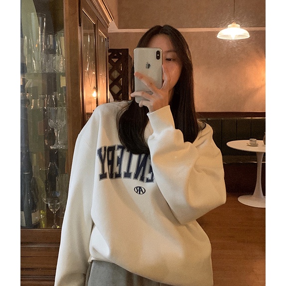 Porozi  Áo sweater  tay dài cổ tròn in chữ phong cách Hàn Quốc xinh xắn cho nữ
