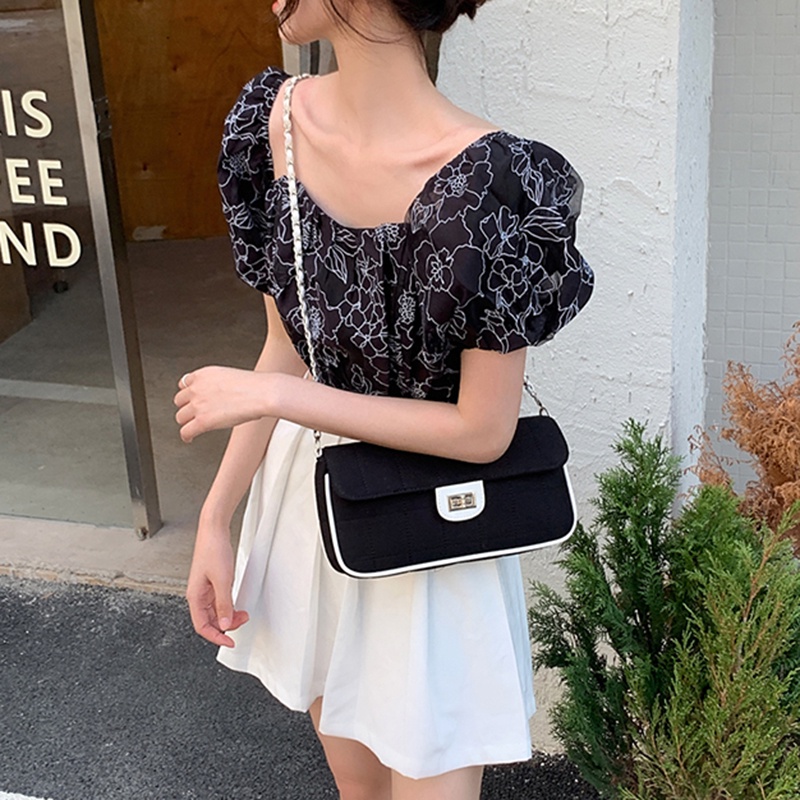 Túi đeo chéo IELGY vải denim phối dây xích phong cách retro