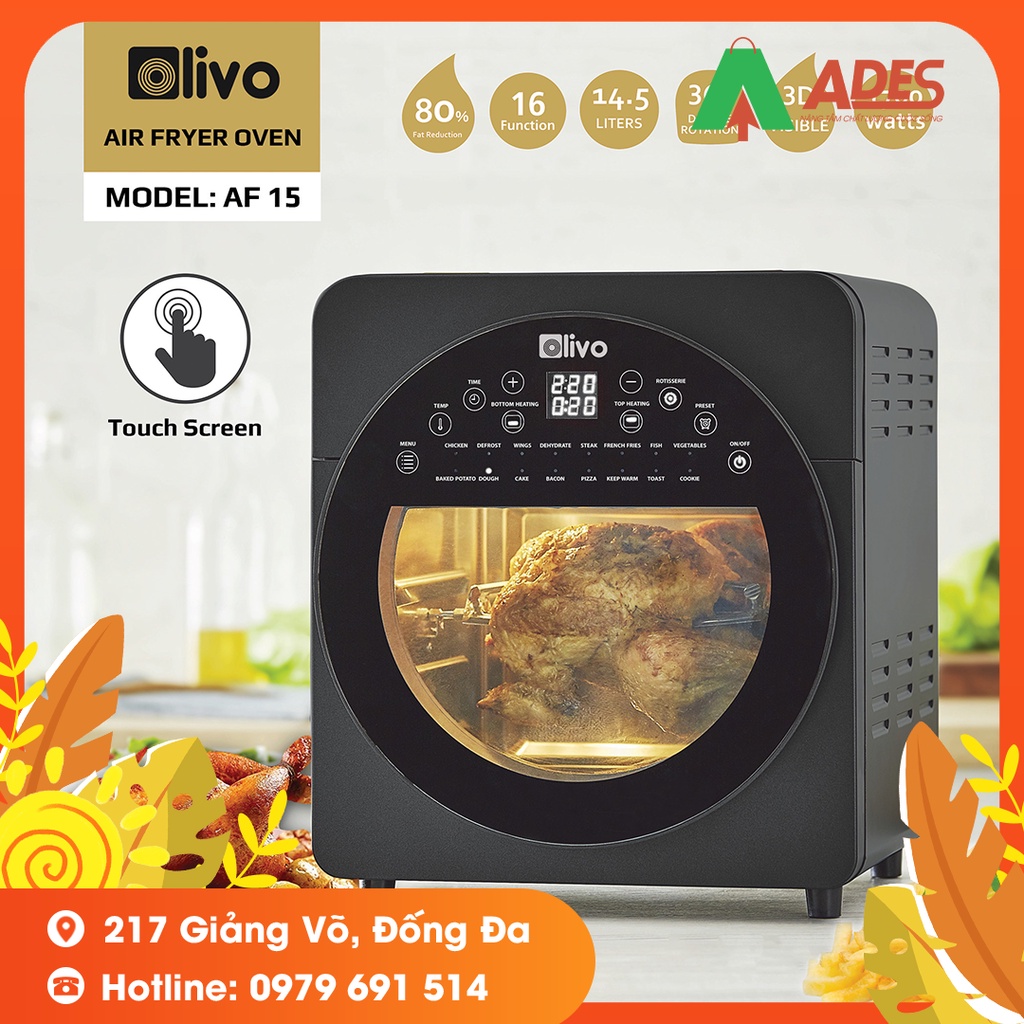 Nồi Chiên Không Dầu OLIVO AF15 - BẢO HÀNH CHÍNH HÃNG 24 THÁNG - THƯƠNG HIỆU MỸ - DUNG TÍCH KHOANG SIÊU LỚN 15L