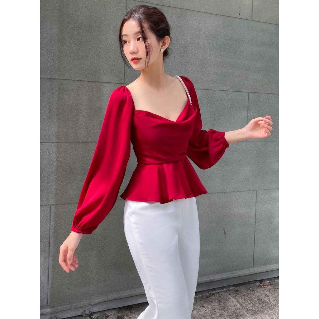 RECHIC Áo Kiểu Monissy màu đỏ cổ thuyền cột dây nơ lưng tay dài chiết eo xinh xắn thanh lịch đi chơi đi làm