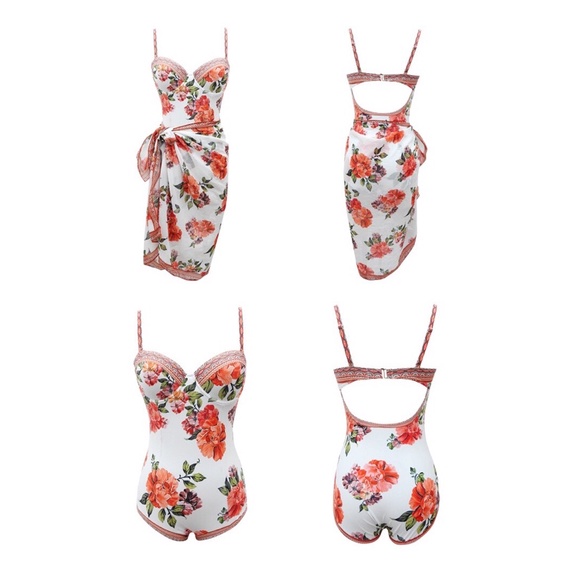 [BIKINI CAO CẤP] Đồ bơi nữ liền mảnh có gọng nâng ngực hoạ tiết hoa đỏ sang chảnh (kèm khăn choàng)