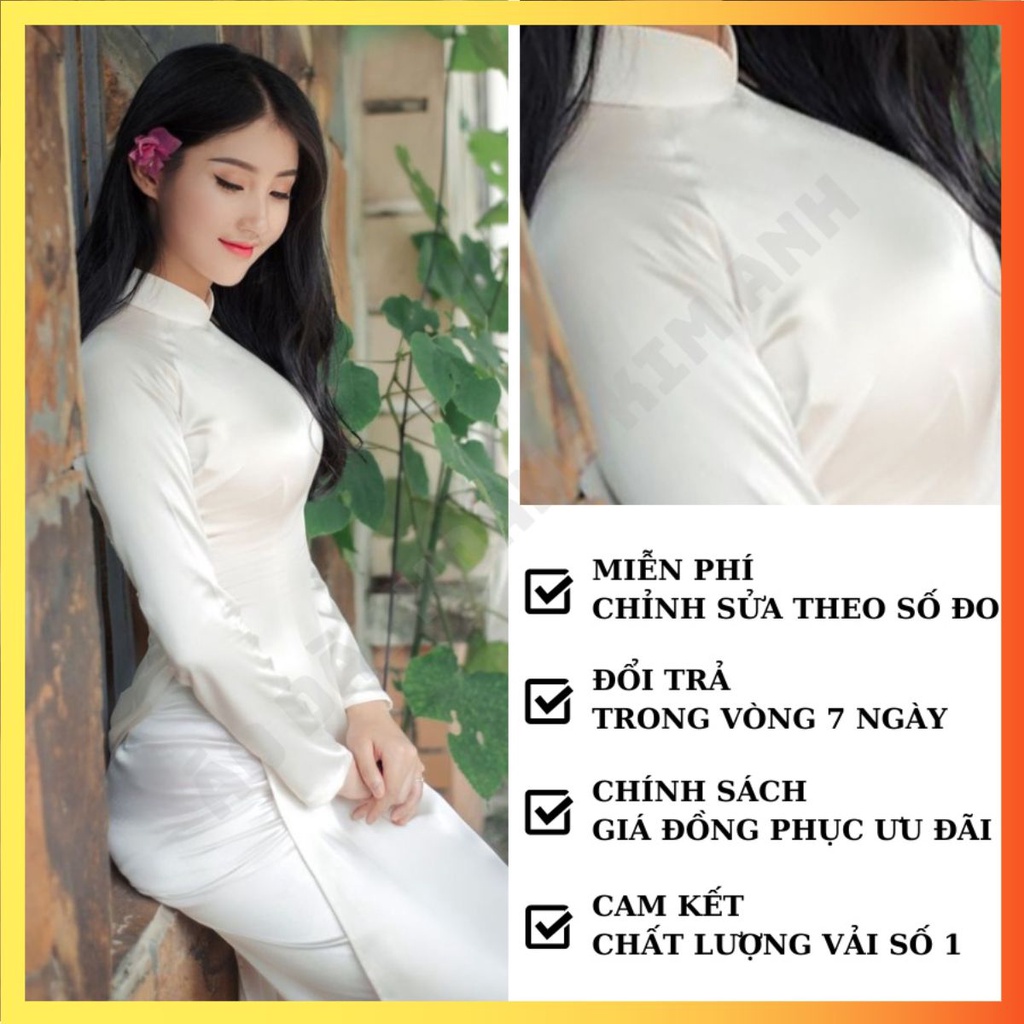 Áo Dài Trơn Truyền Thống Phi Bóng Màu Trắng Sữa, Trắng Kem May Sẵn Kèm Quần - Có Cắt May Áo Dài Bigsize ADT2TPBTS