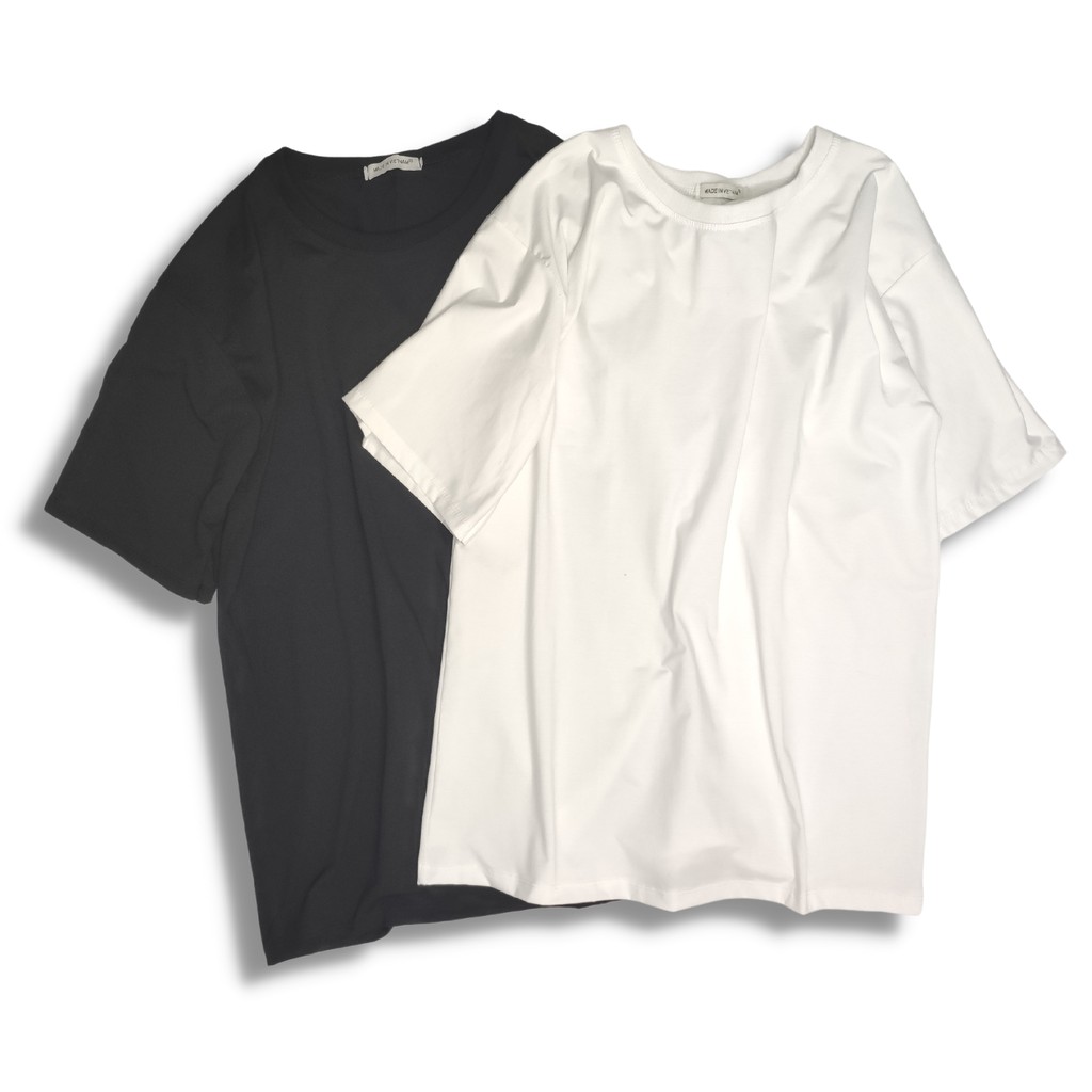 Áo thun trơn unisex form rộng cổ tròn LETIS, áo phông nam nữ tay lỡ basic freesize trắng đen