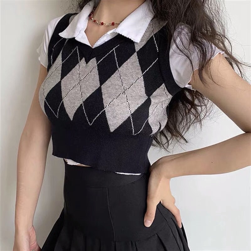 Áo vest gile len dệt kim croptop in 2 mặt hình thoi idol Rosé Hồng/Đen/Nâu