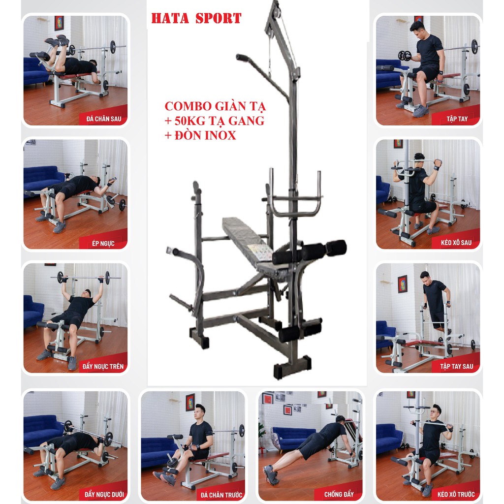 Combo Giàn tập tạ đa năng HT700 kèm 50kg tạ gang và đòn 1m5 thép dày 1ly8 chắc chắn