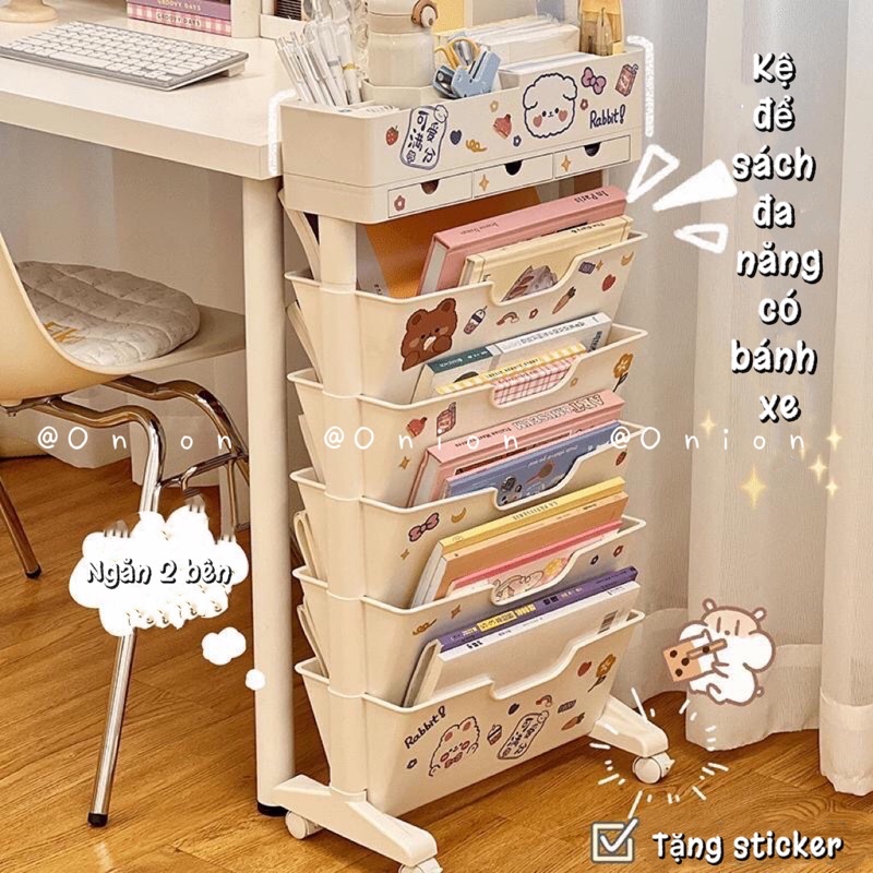 Kệ sách đa năng 6 tầng 3 ngăn kéo kèm hộp giấy cắm bút có bánh xe