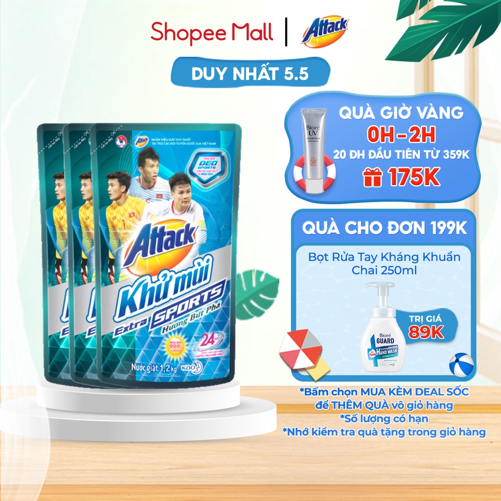 [Mã FMCGKAO52 giảm 8% đơn 250k] Combo 3 Nước giặt Attack Khử Mùi Extra Sport Bứt Phá túi 1.2kg