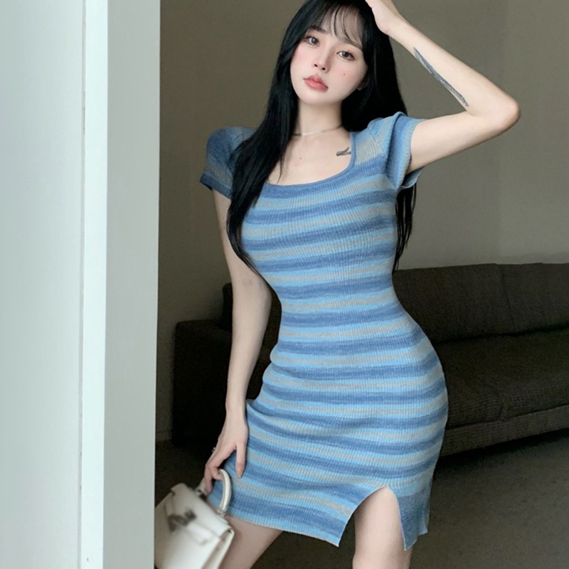 Đầm Cổ Vuông Tay Ngắn Họa Tiết Kẻ Sọc Cầu Vồng Thời Trang Mùa Hè Cho Nữ