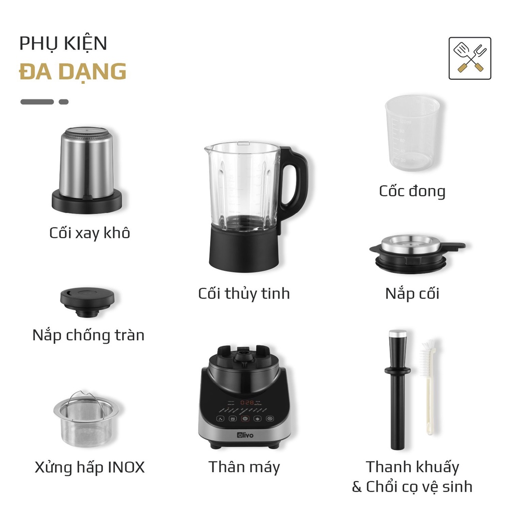 Máy Làm Sữa Hạt Olivo CB20 gồm 2 Cối Xay Nấu và Cối Xay Khô, 12 chức năng cài sẵn, vệ sinh khử khuẩn, 3 lớp chống tràn