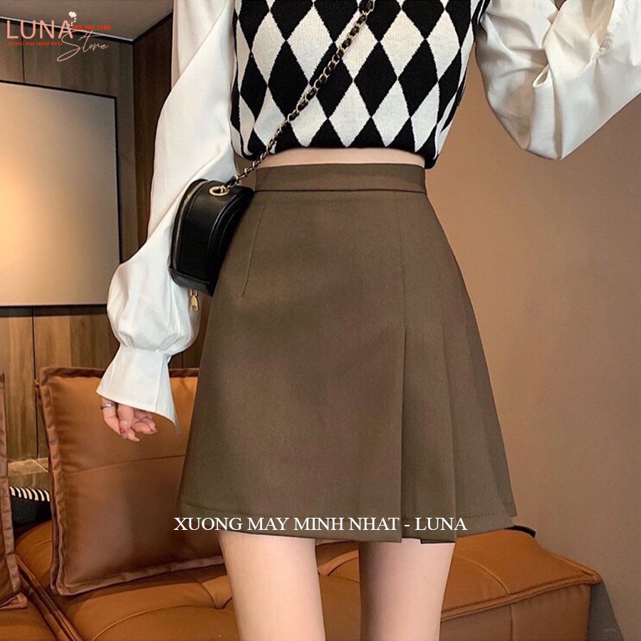 Chân váy chữ A ngắn xếp ly lưng cao có quần lót trong khóa sau - Chân váy ngắn xếp ly dáng chữ A công sở cạp cao vải mềm