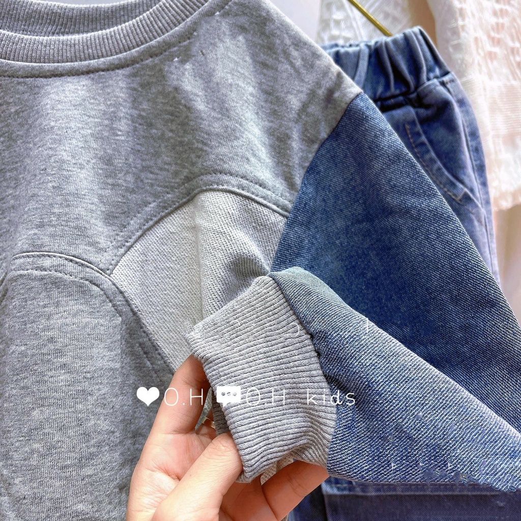 Bộ đồ bò bé trai gái thu đông nỉ da cá phong cách Hàn Quốc