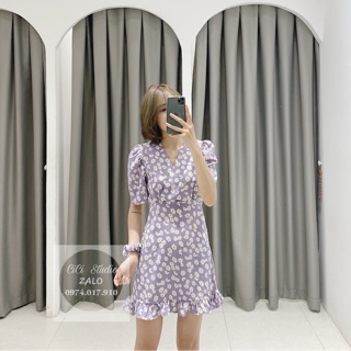 Váy hoa cổ V kèm scrunchies - váy hoa cúc - váy hoa kèm dây buộc tóc