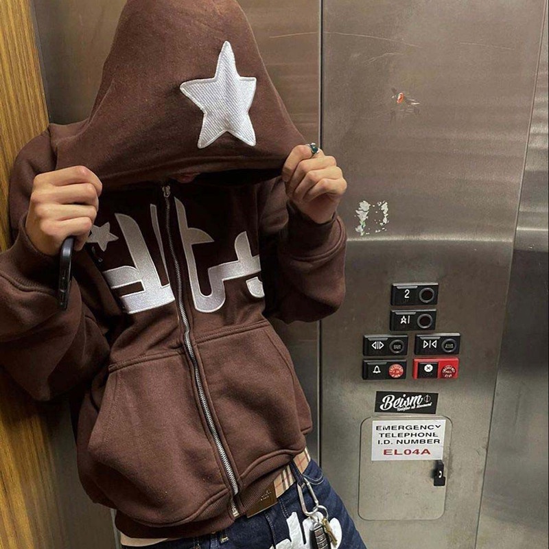 Áo Khoác Hoodie Dáng Rộng Có Khóa Kéo In Chữ Và Ngôi Sao Phong Cách Hip hop Đường Phố Cho Nam Và Nữ