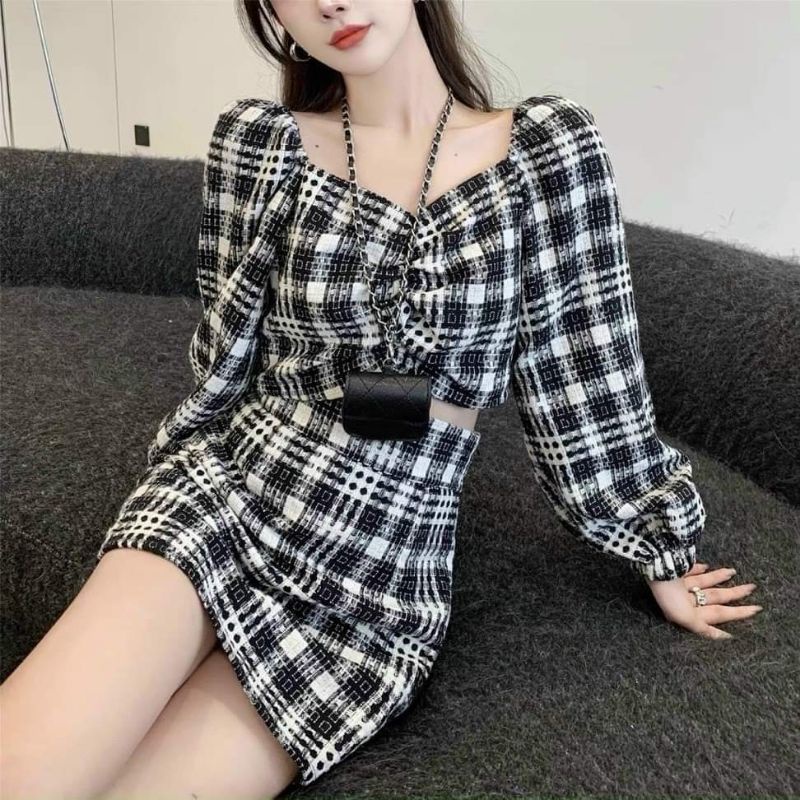 SET CROPTOP DẠ CARO ÁO BẸT VAI