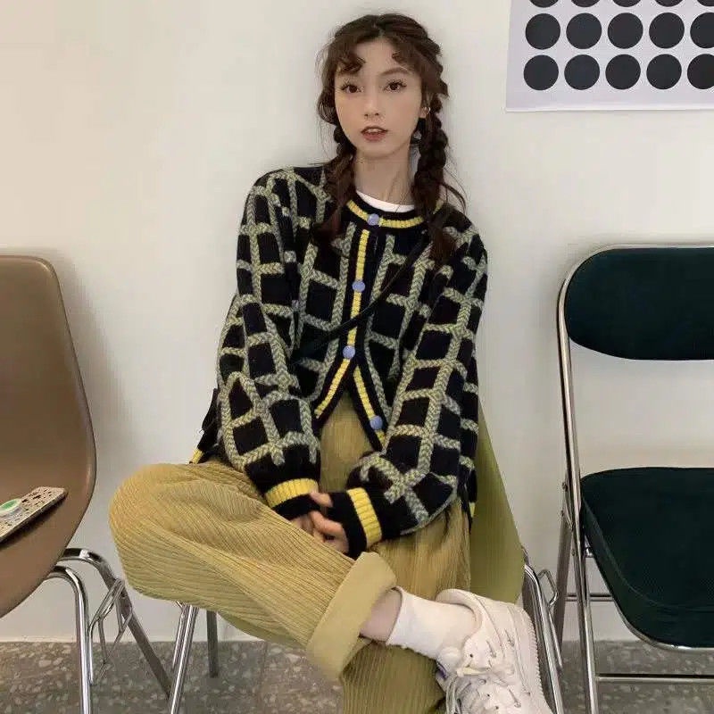 [Spot] Áo Khoác cardigan Dệt Kim Mỏng Dáng Rộng Họa Tiết Kẻ Sọc Màu Xanh Lá Phong Cách retro Hàn Quốc Thời Trang Mùa Thu