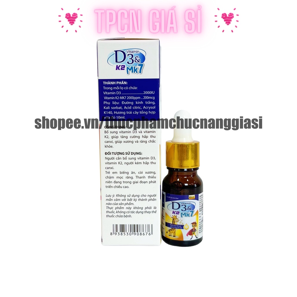 Siro nhỏ giọt bổ sung VITAMIN D3 VÀ MK2 MK7 cho trẻ, giúp tăng cường hấp thu, hỗ trợ xương và răng chắc khoẻ - Hộp 1 lọ