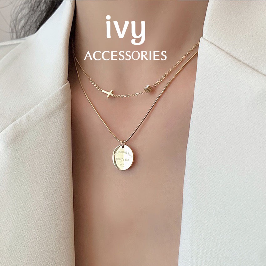 Dây chuyền, vòng cổ nữ layer 2 tầng mặt xu và thánh giá vàng gold | Ivy.acc | C6