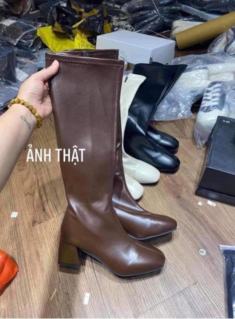 Bốt đùi nữ da lì khóa cạnh (Loại 1), Boot nữ đùi lửng dưới gối da lì 5cm khóa cạnh gót vuông màu đen nâu đi chơi du lịch