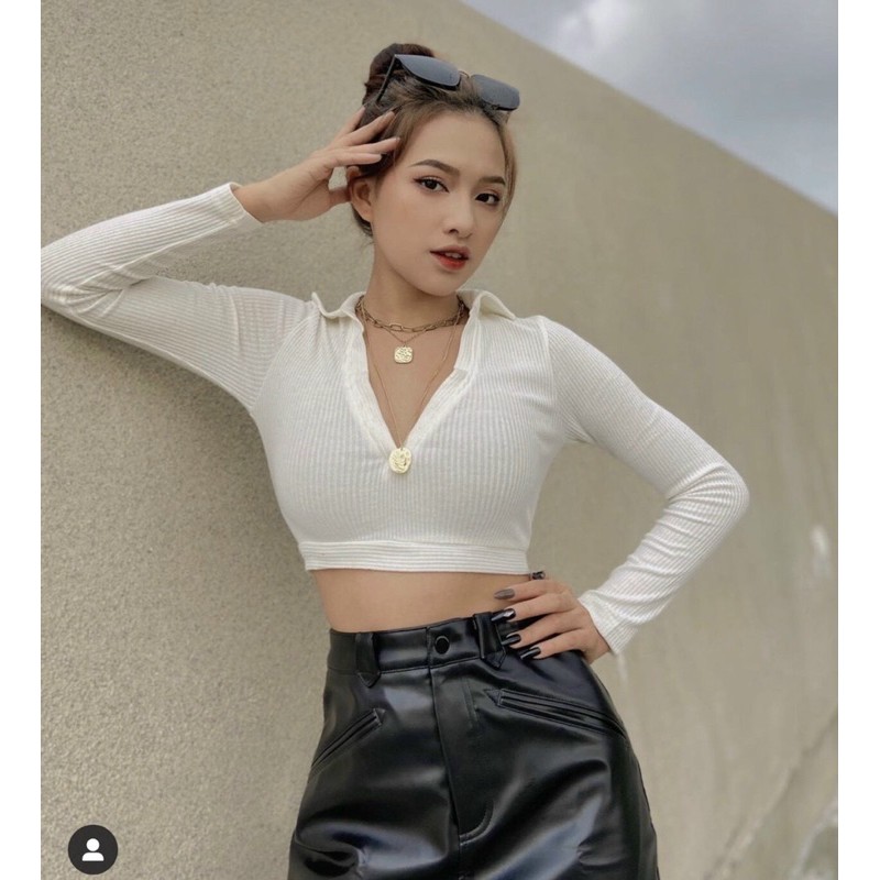 Áo croptop dạng polo tay dài hở lưng chất thun gân - B5N