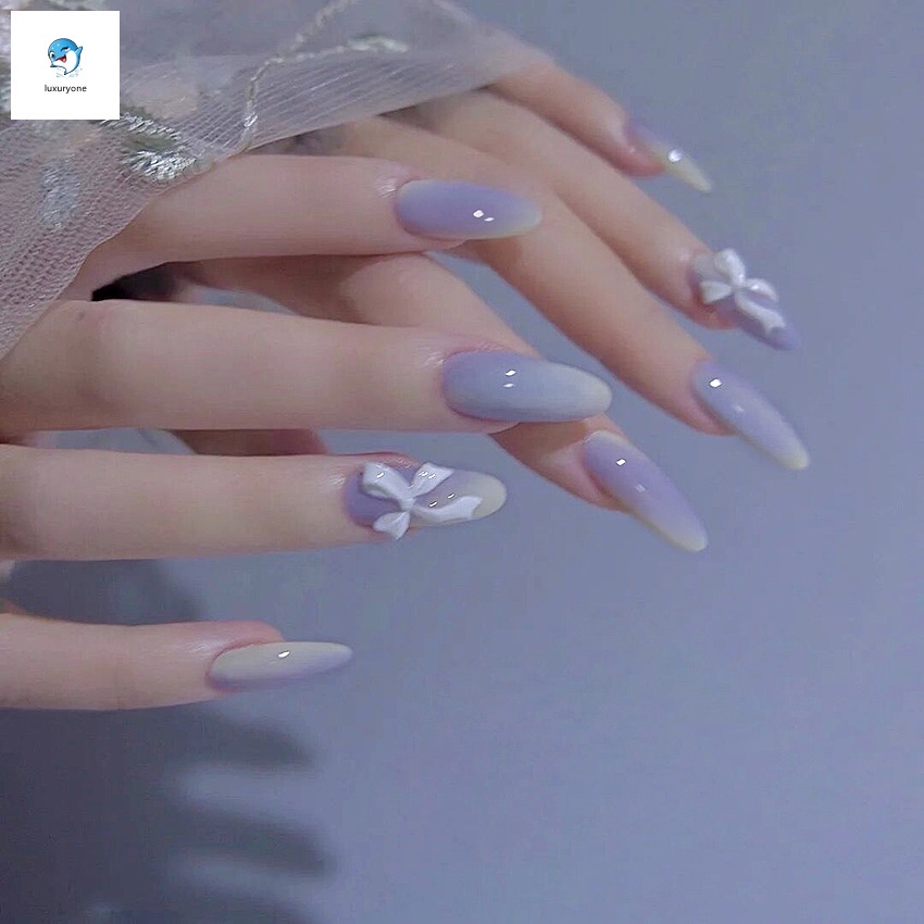 24 Móng tay giả dáng dài đính nơ thời trang