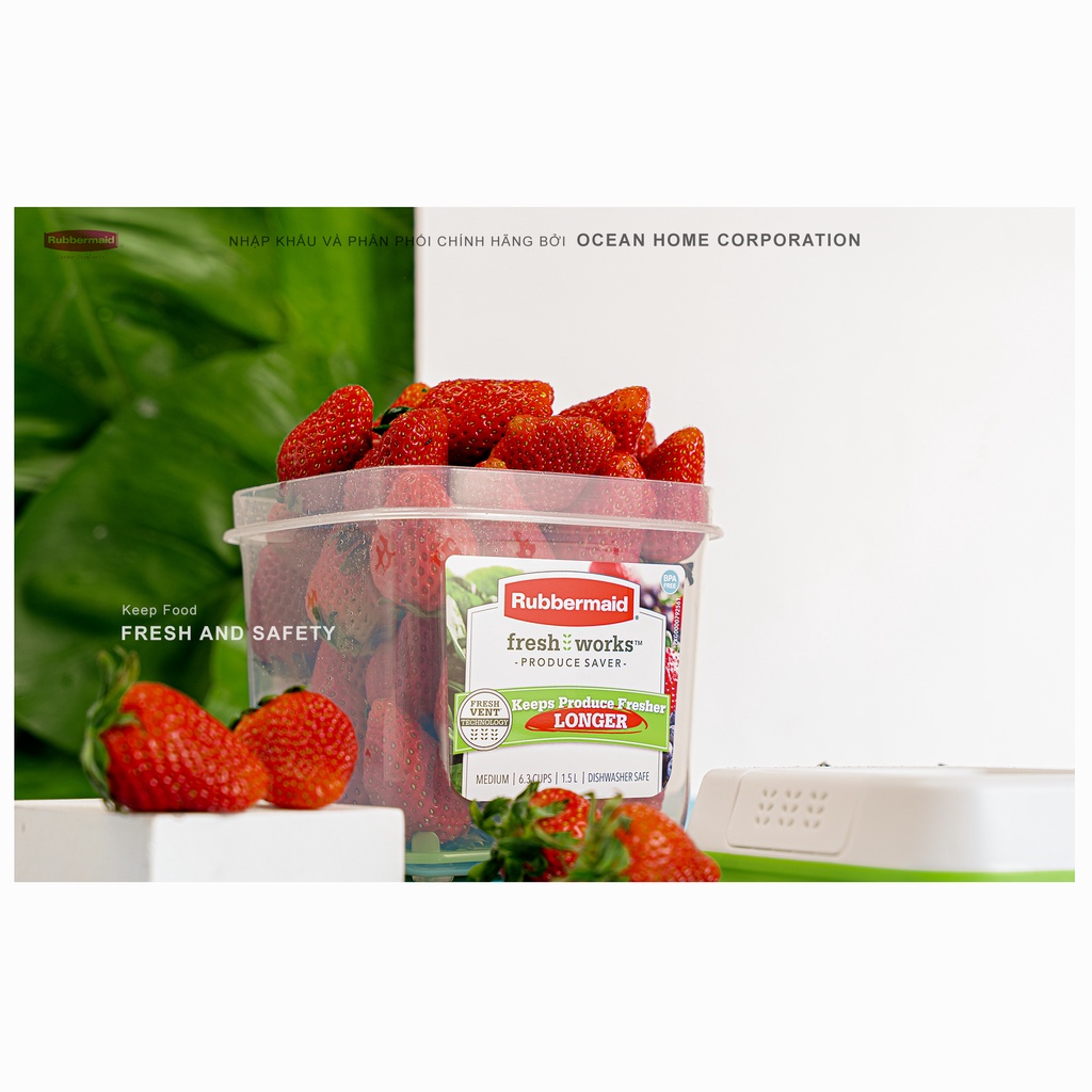 Hộp bảo quản rau củ quả RUBBERMAID có nắp màu xanh bằng nhựa nguyên sinh cao cấp loại 1,5L - Chính Hãng từ Mỹ