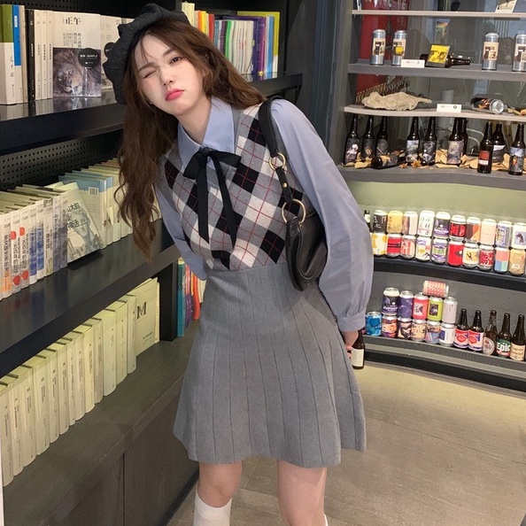 【ZHELIHANGFEI】 / Áo Len Không Tay Dệt Kim Sọc Caro Mùa Xuân