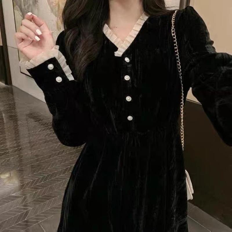 Đầm nhung phong cách retro mùa thu thời trang Hàn Quốc cho nữ