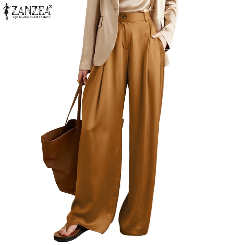 Quần dài ZANZEA bằng lụa satin ống quần rộng thời trang thường ngày dành cho nữ