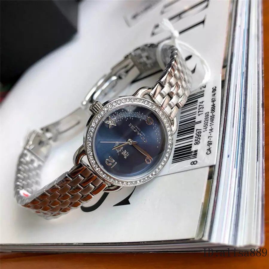 Đồng hồ nữ coach glitz 14502693 dây da / dây thép , mặt xanh viền đính đá , size 28mm