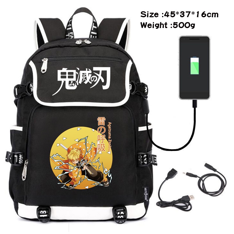 Ba Lô Canvas Nắp Lật Họa Tiết Hoạt Hình Demon Slayer Agatsuma Zenitsu Rengoku Kyoujurou Có Cổng Sạc USB Cho Học Sinh