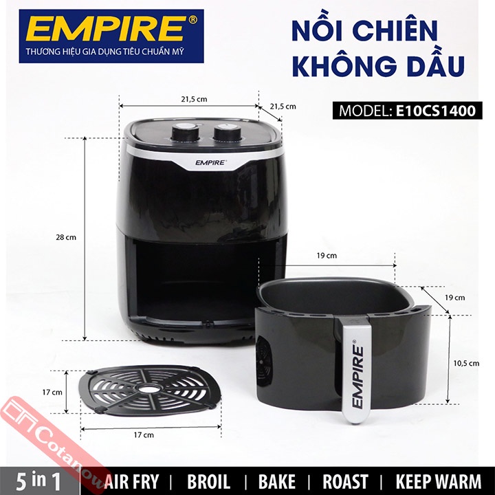 Nồi Chiên Không Dầu 5 Lít Empire E5CS1400 1400W, Bảo Hành 12 Tháng, Công Nghệ Đảo Lưu Khí Nóng - COTANOW